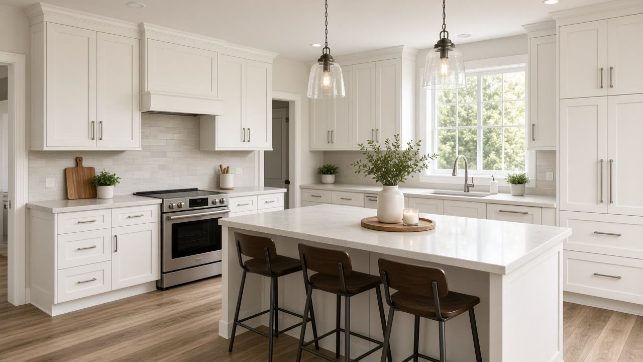 The same kitchen remodeled with white shaker cabinets (illustration)